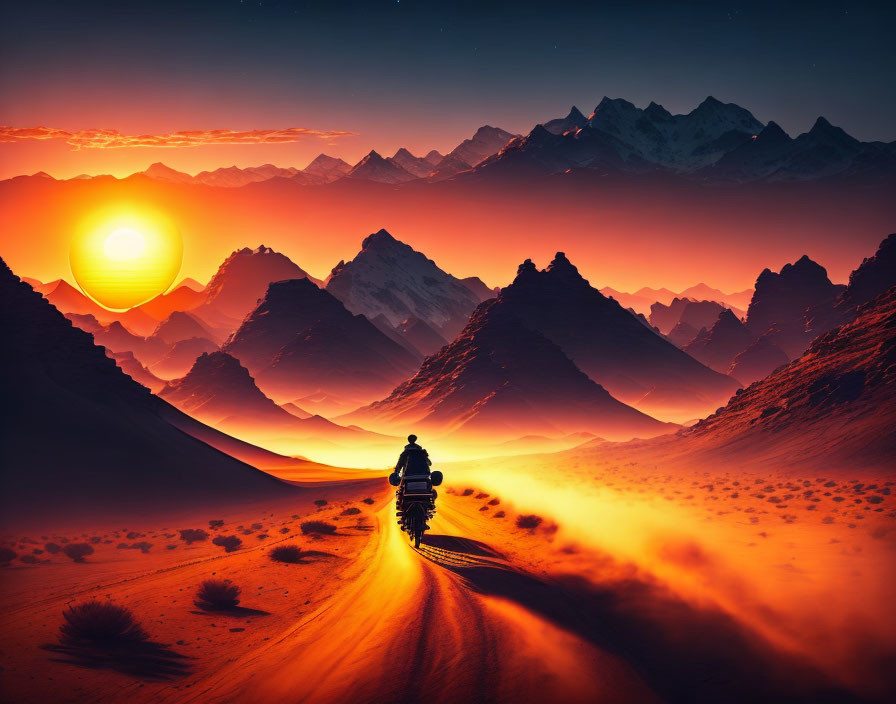 Motorcyclist riding in desert at sunset with mountains and orange sky