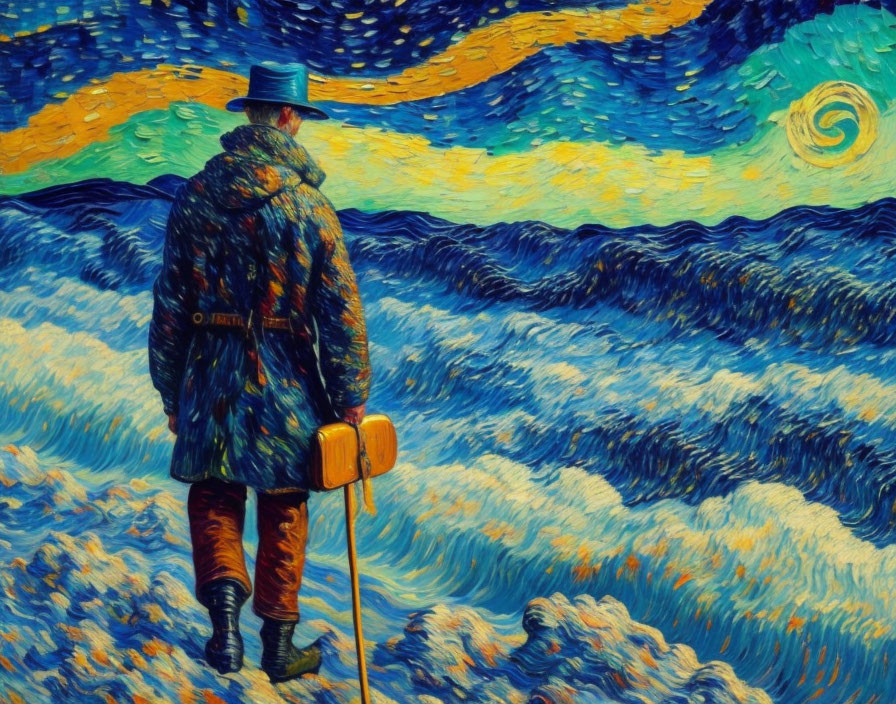 Person in hat and coat with suitcase and cane in Van Gogh-style painting.