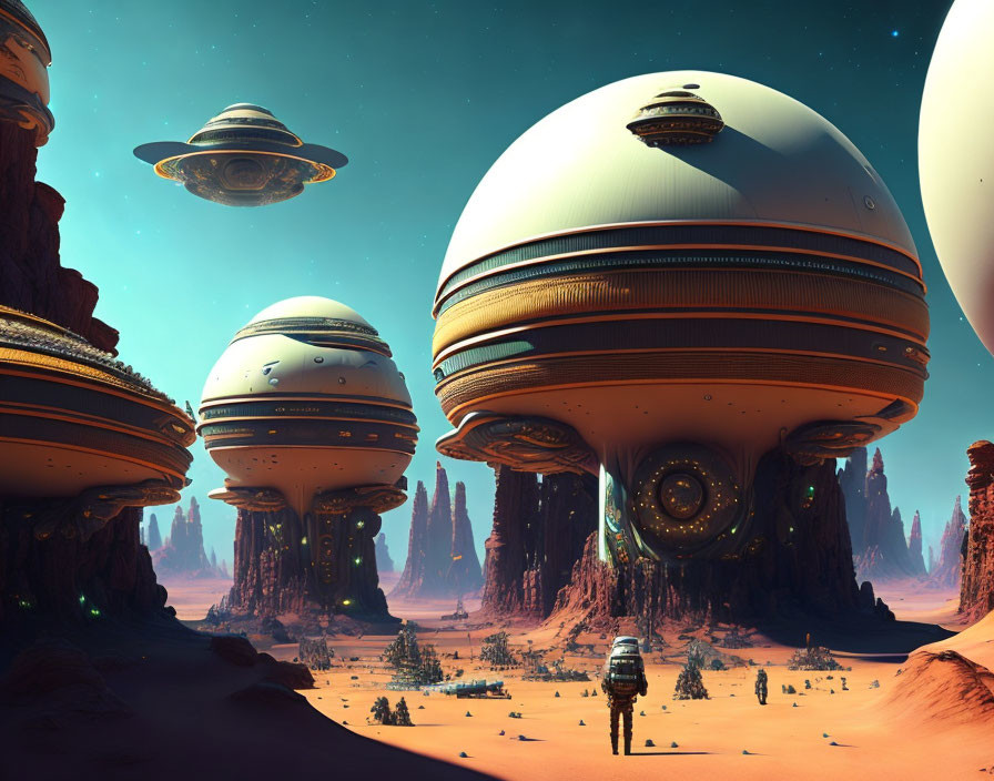 Futuristic spherical structures in sci-fi desert landscape