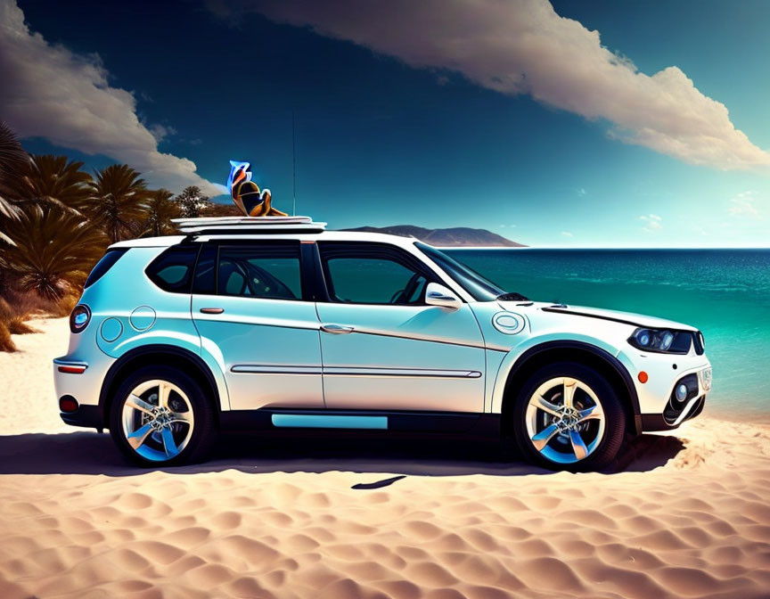 White SUV with surfboards on roof parked on sandy beach