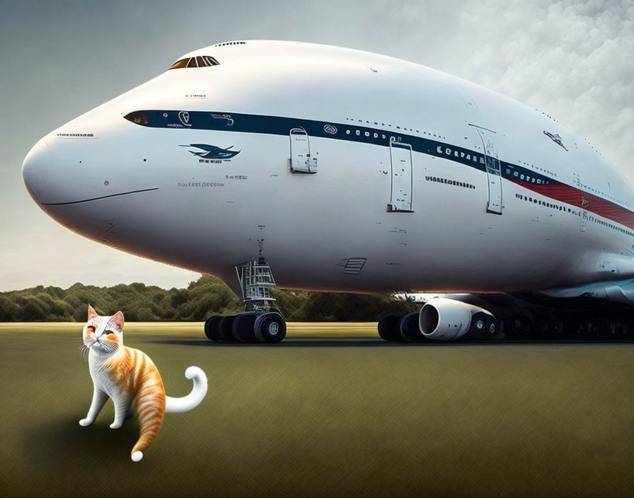 Orange and White Cat with Oversized Airplane on Airstrip