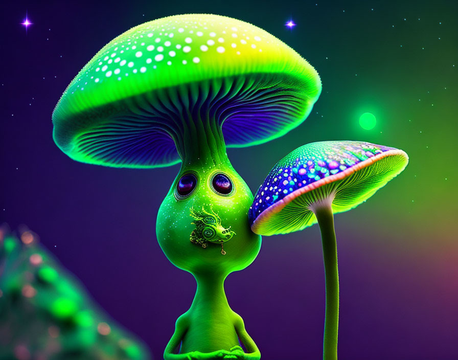 Colorful surreal mushrooms with whimsical faces on stems in neon hues on starry background