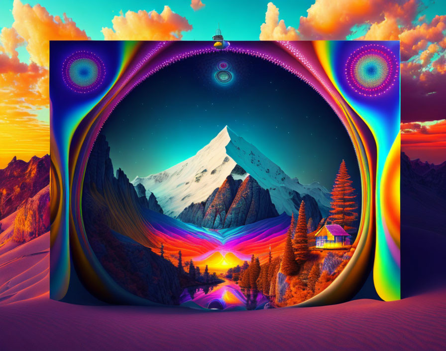 Vibrant surreal landscape with portal, snowy mountain, cabin, and colorful skies