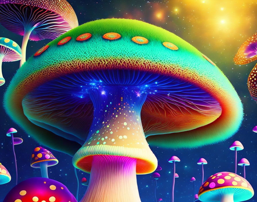 Colorful Psychedelic Mushroom Illustration Under Starry Sky