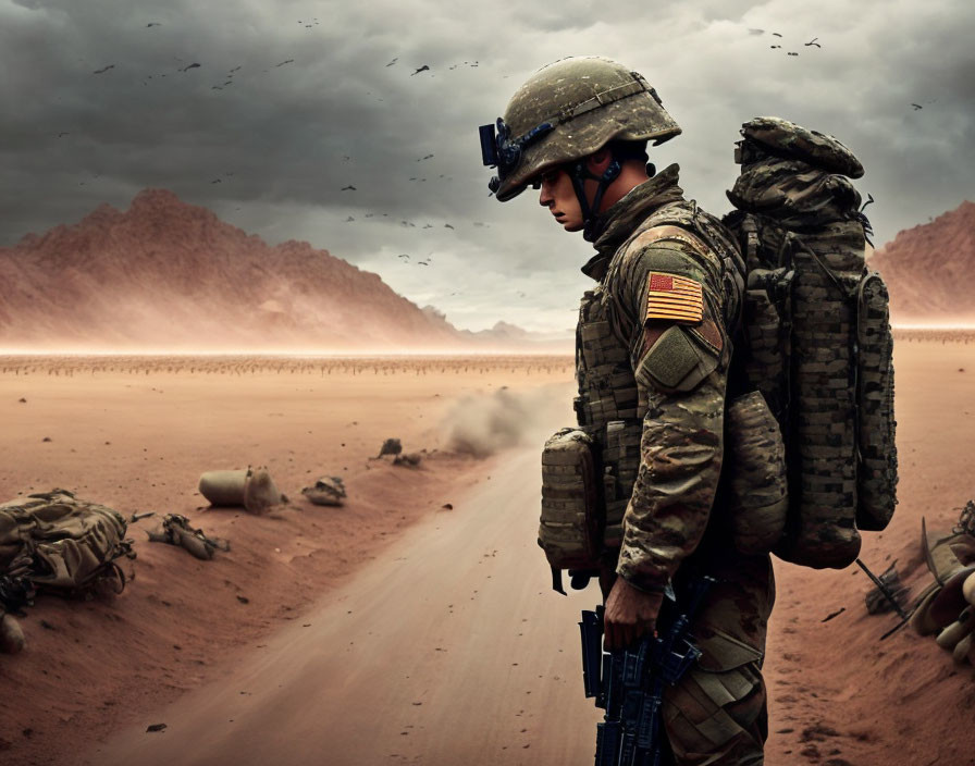 Soldier in combat gear in desert with cloudy sky and birds.