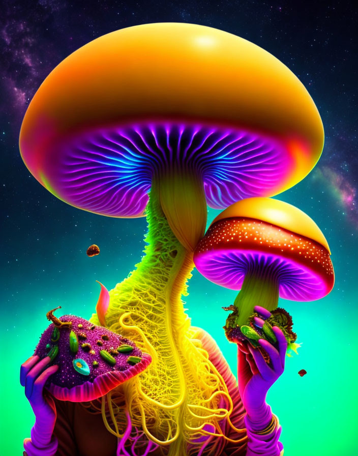 Colorful hands holding fantasy mushroom sandwich amidst psychedelic backdrop