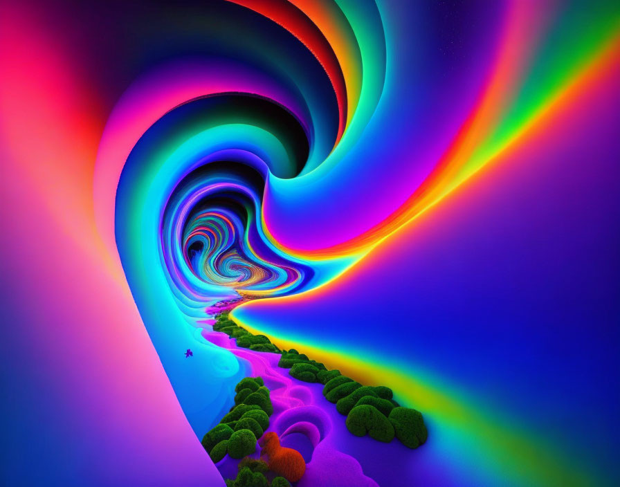 Colorful swirling vortex with neon spectrum in serene landscape