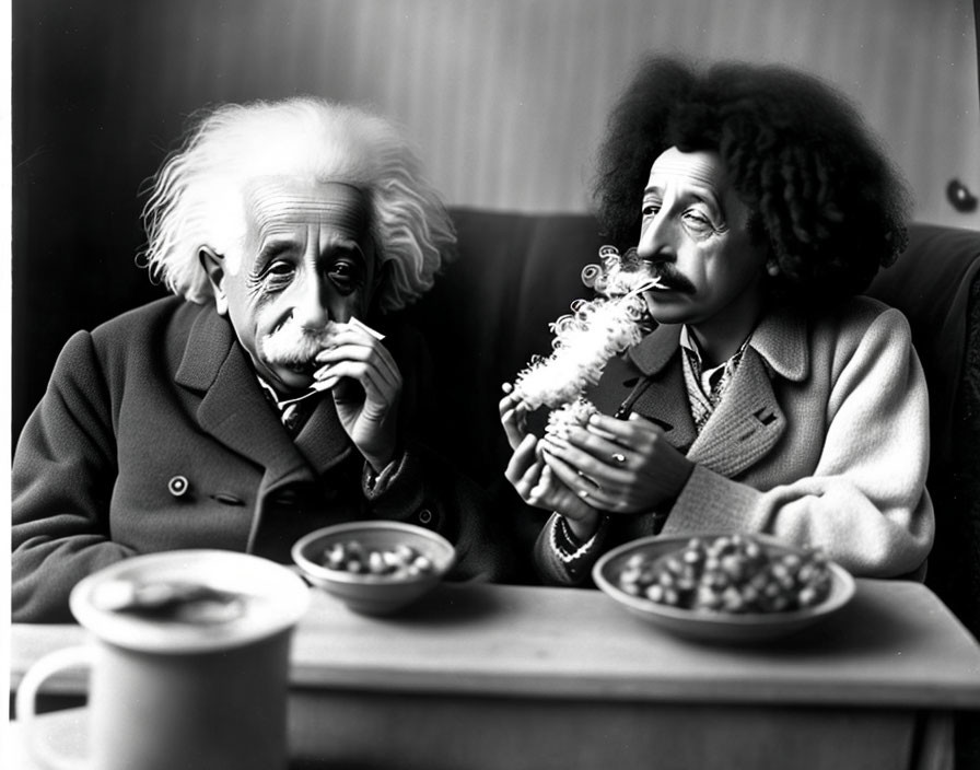 Two people in Einstein-style wigs with pipes and snacks for a vintage and funny vibe