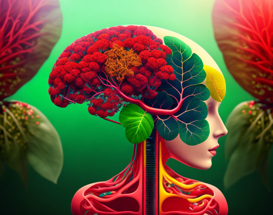 Human head profile with red tree brain on green background