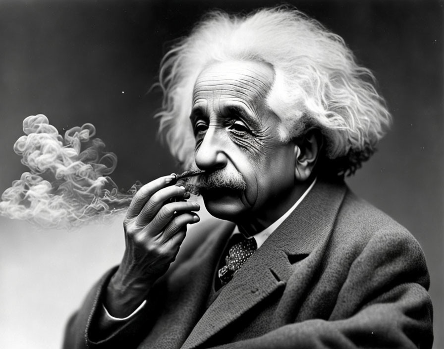 Monochrome portrait of a man with wild hair, smoking pipe, and prominent mustache