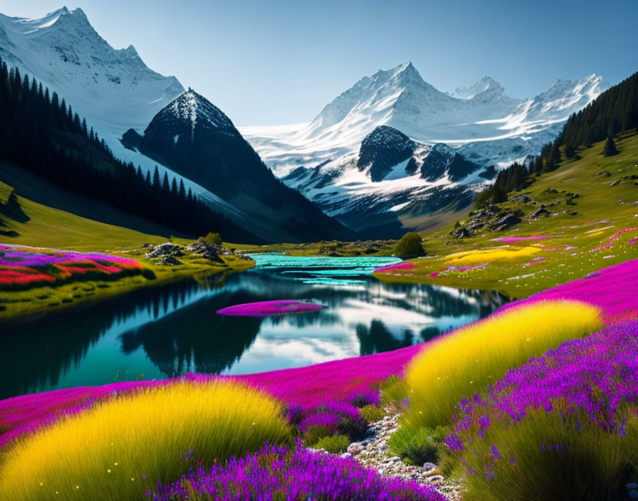 Scenic landscape with wildflowers, lake, and mountains