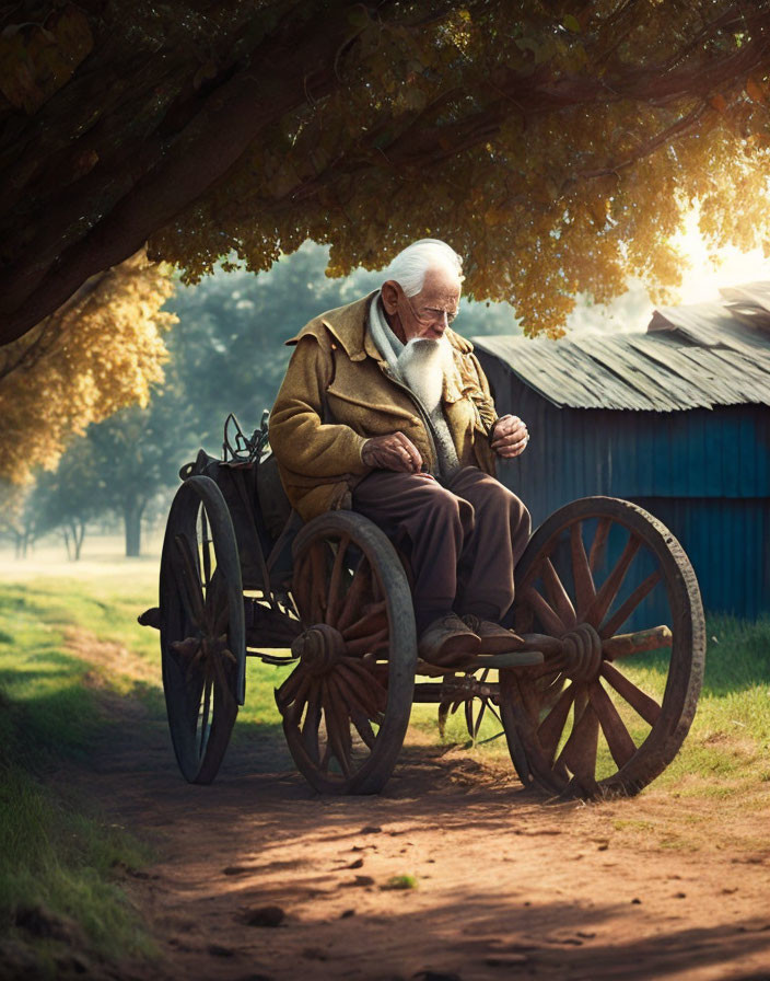 Elderly man with white beard sitting on wooden cart under tree-lined path