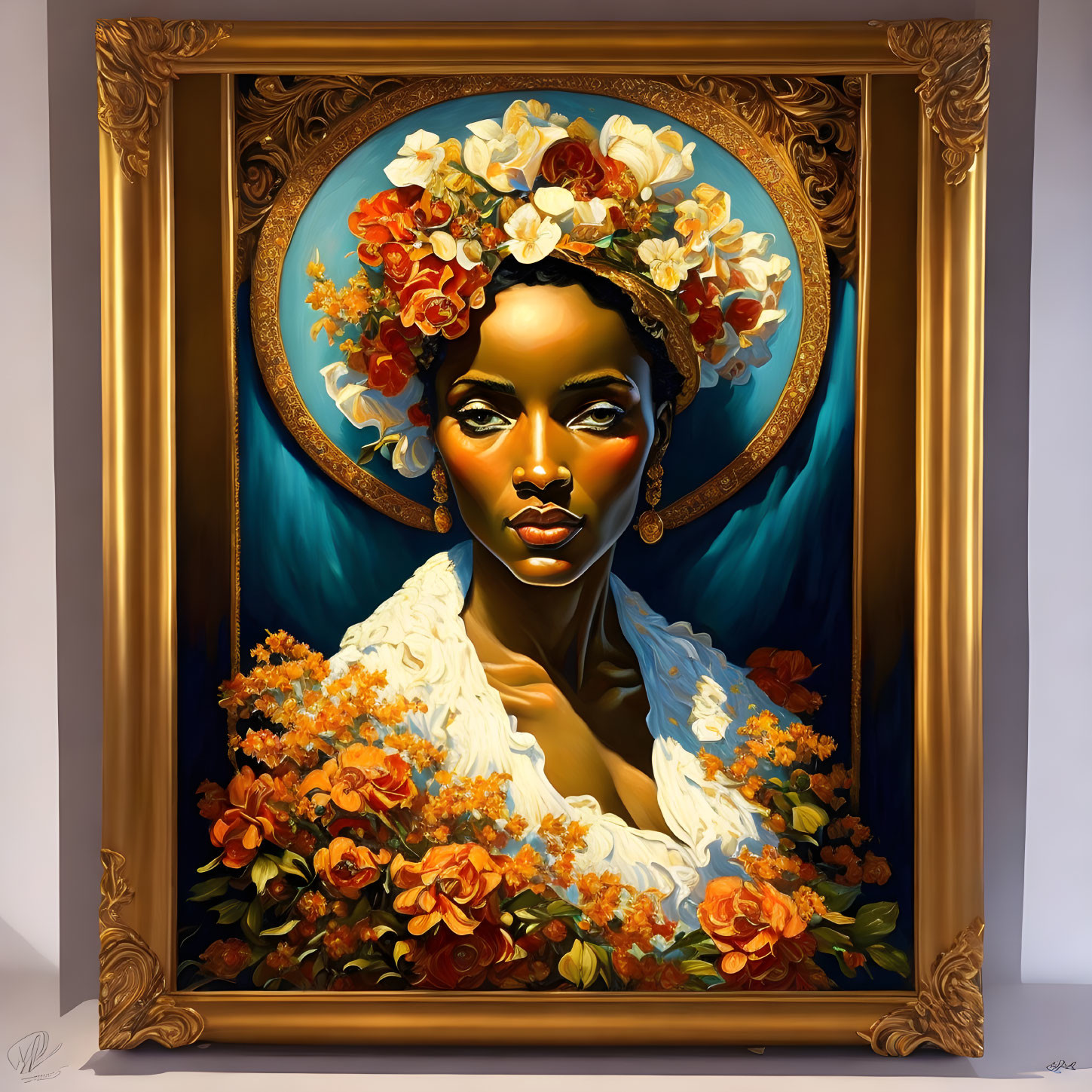 Portrait of Woman with Flowers and Fluffy Adornment in Ornate Gold Frame