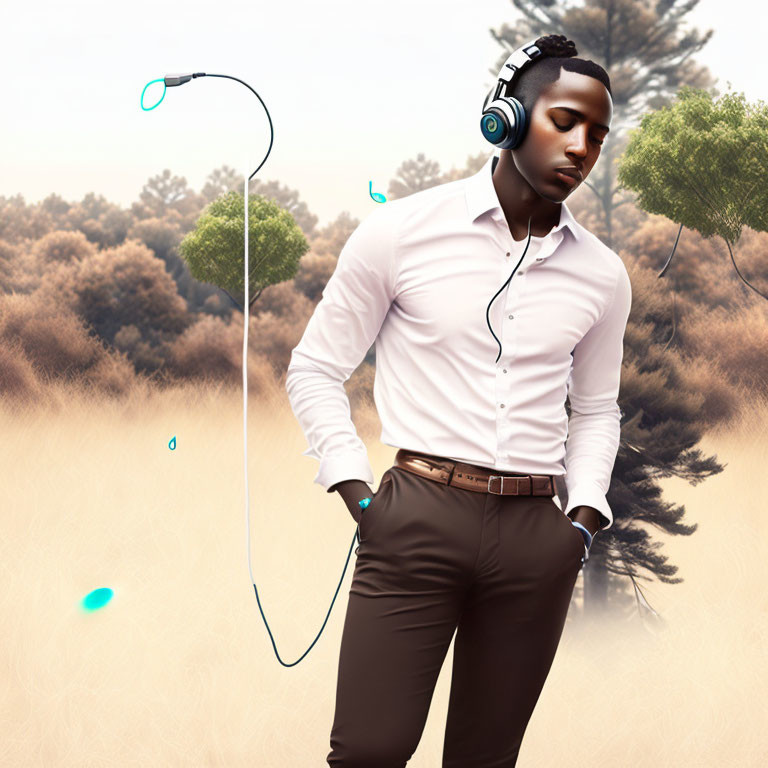 Man in white shirt and brown pants immersed in music among dreamy forest landscape