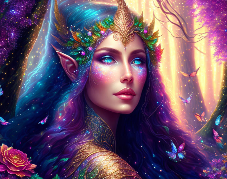 Fantastical female figure with pointed ears and vibrant blue eyes adorned with golden leafy headdress,