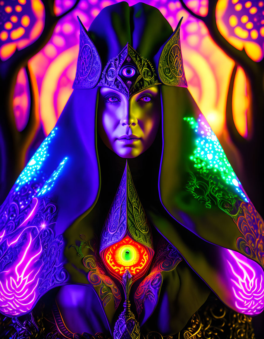 Digital artwork of mystical figure with intricate headdress and glowing cloak