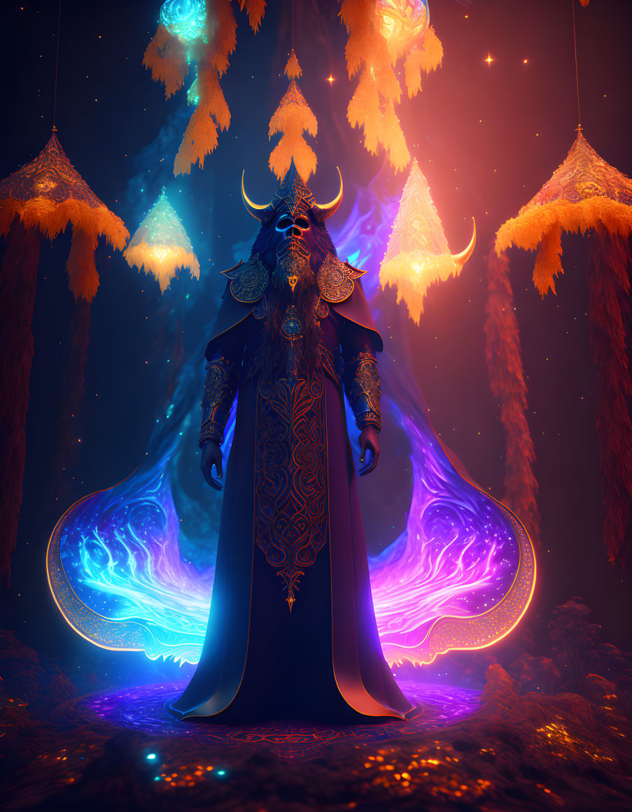 Bearded figure in ornate robes in surreal forest with glowing trees