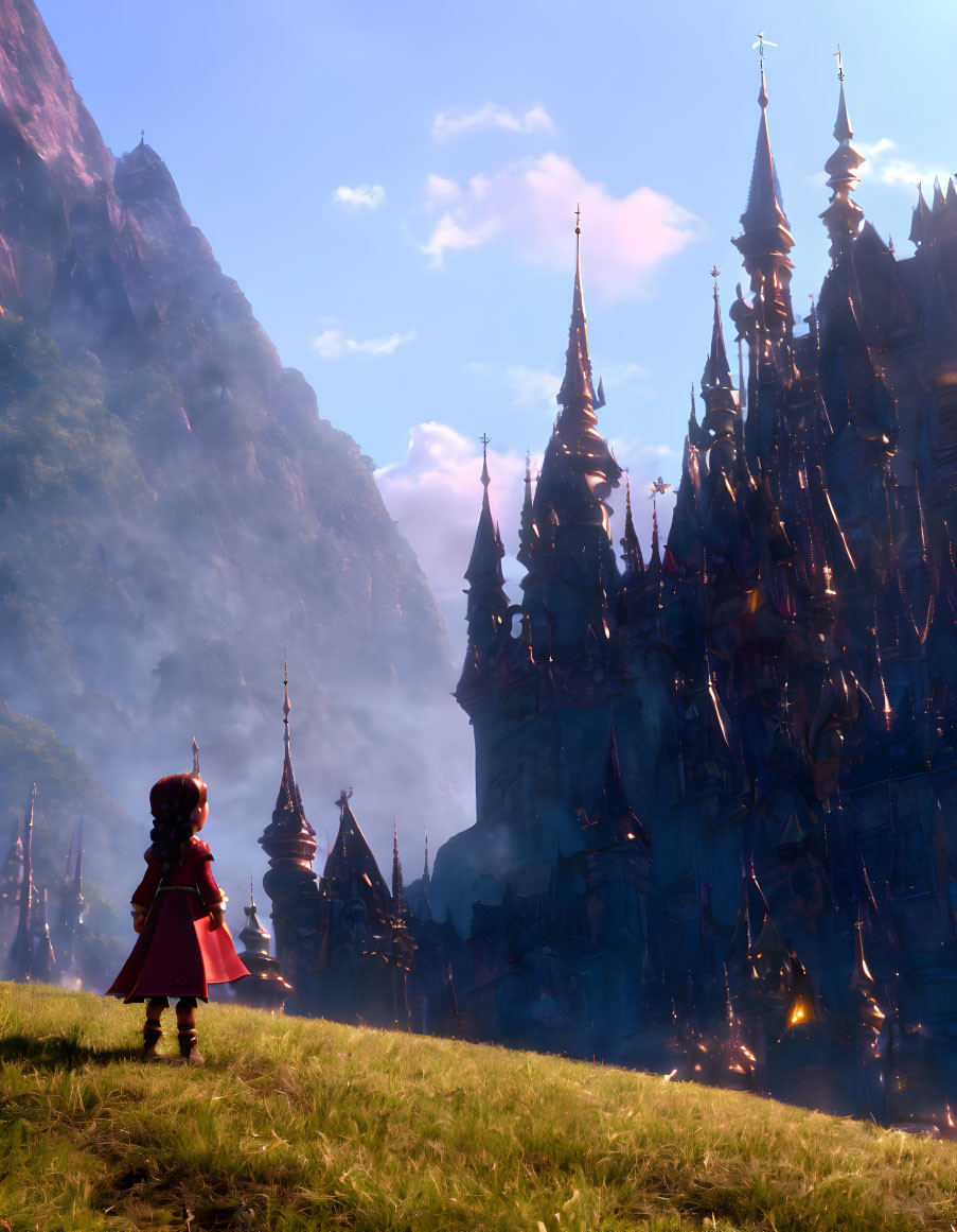 Character in Red Cloak Gazes at Castle in Grassy Field