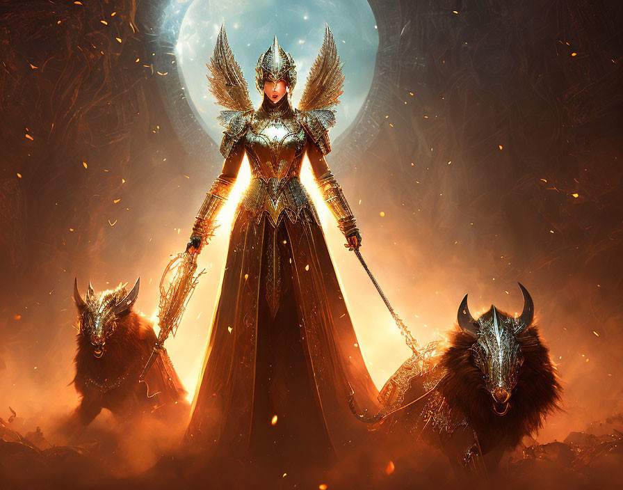 Fantasy warrior queen with ornate armor and armored beasts in fiery moonlit scene