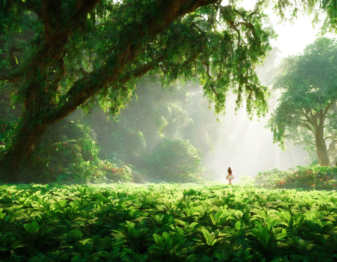 Serene person walking in vibrant sunlit forest