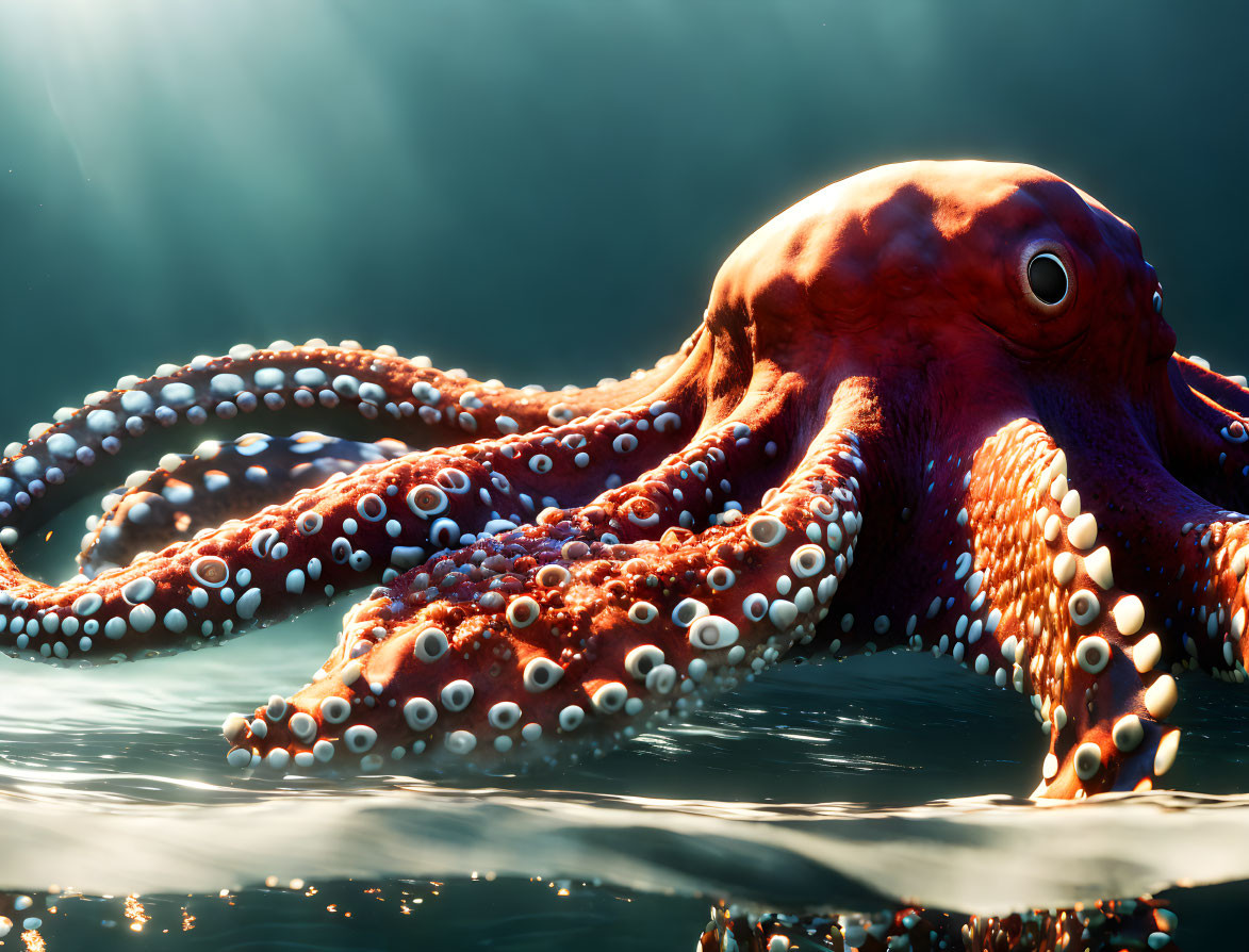 Vivid Red Octopus with Extended Tentacles in Sunlit Water