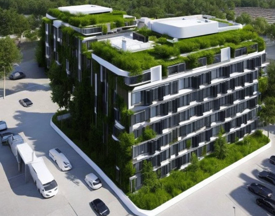 Urban building with green plants, parked cars on sunny day