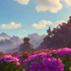 Colorful animated landscape with character running on path, purple flowers, misty mountains, blue sky.