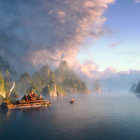 Traditional boats on serene lake with misty mountains and colorful sunrise