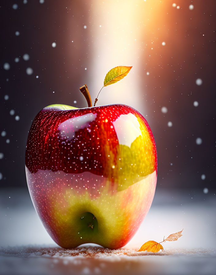 Shiny apple with red and green sides, leaf, snowflakes, warm light