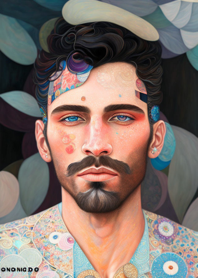 Vivid digital artwork of man with colorful face and neck tattoos