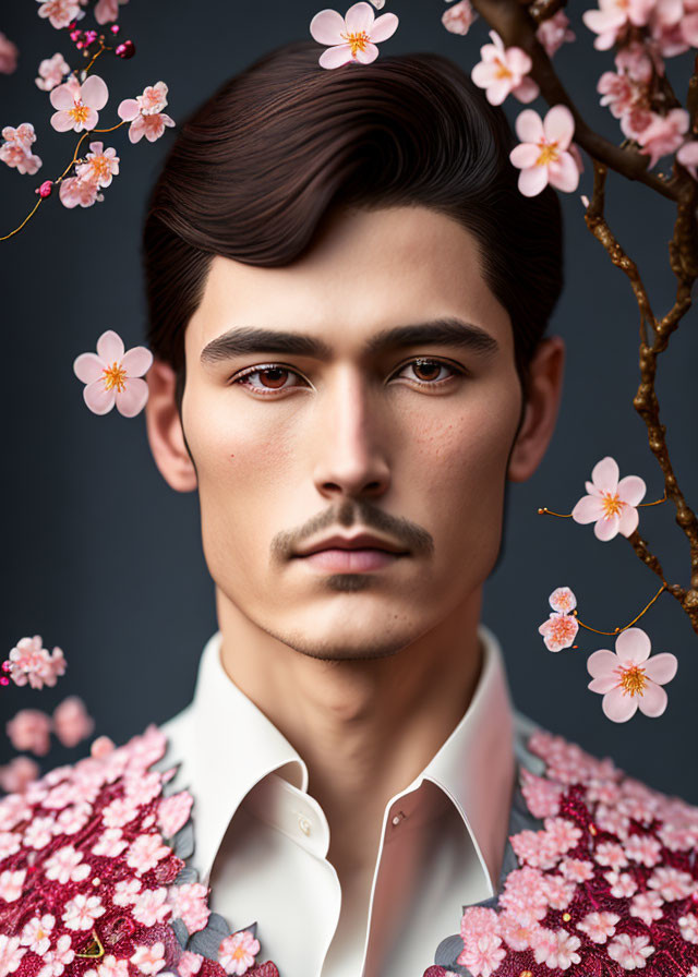 Stylish man with mustache in floral jacket among cherry blossoms