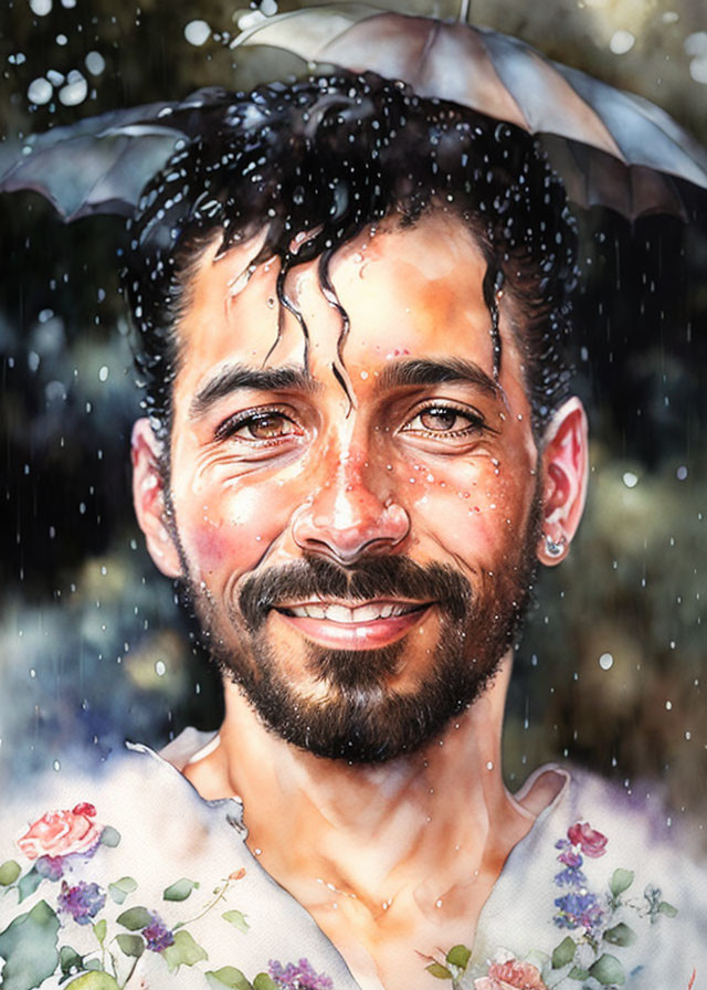 Smiling man with beard under clear umbrella in rain with floral shirt