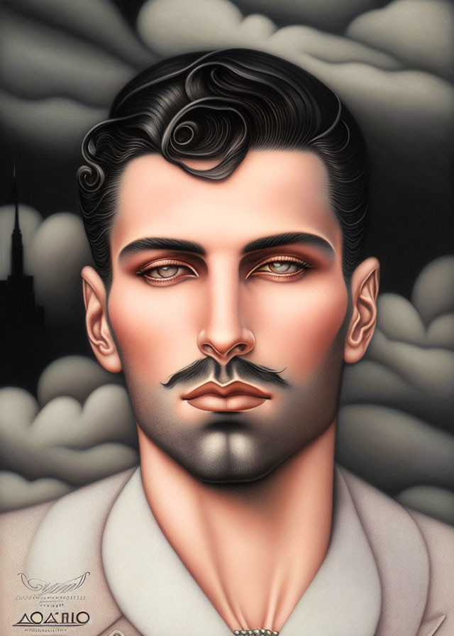 Digital portrait of a man with slicked-back hair and piercing eyes against a city backdrop