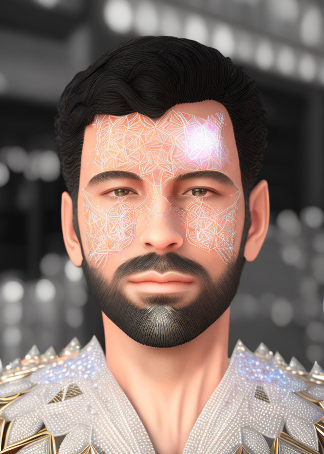 Digital portrait of man with glowing geometric patterns, beard, and futuristic outfit