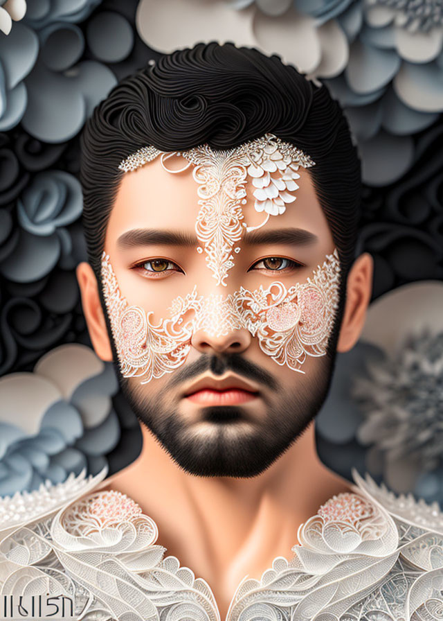 Digital portrait with intricate white lace patterns on face against black flower background