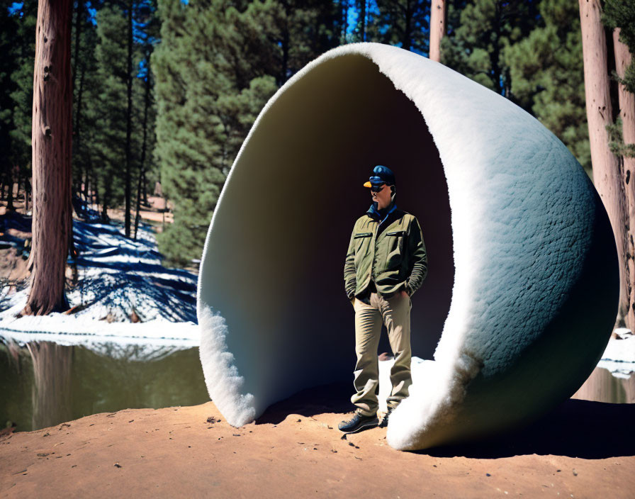 Person standing in front of large snow-covered half eggshell in forested area