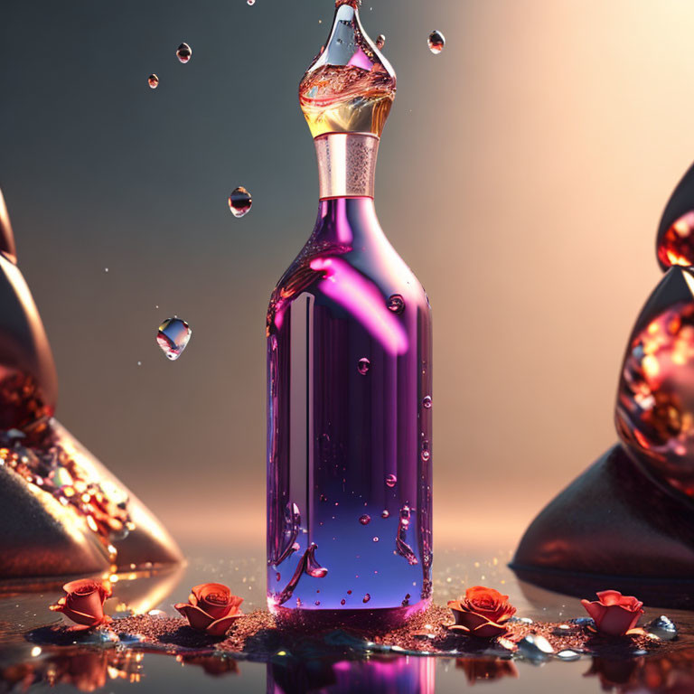 Luxurious Purple Potion Bottle with Golden Accents and Rose Petals on Moody Background