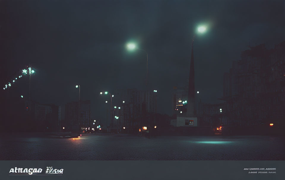 Cityscape at Night: Street Lamps, Spire Silhouette, City Lights