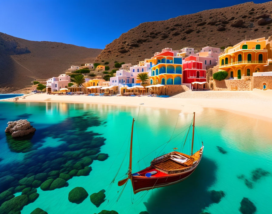 Vibrant beach scene with colorful buildings and traditional wooden boat