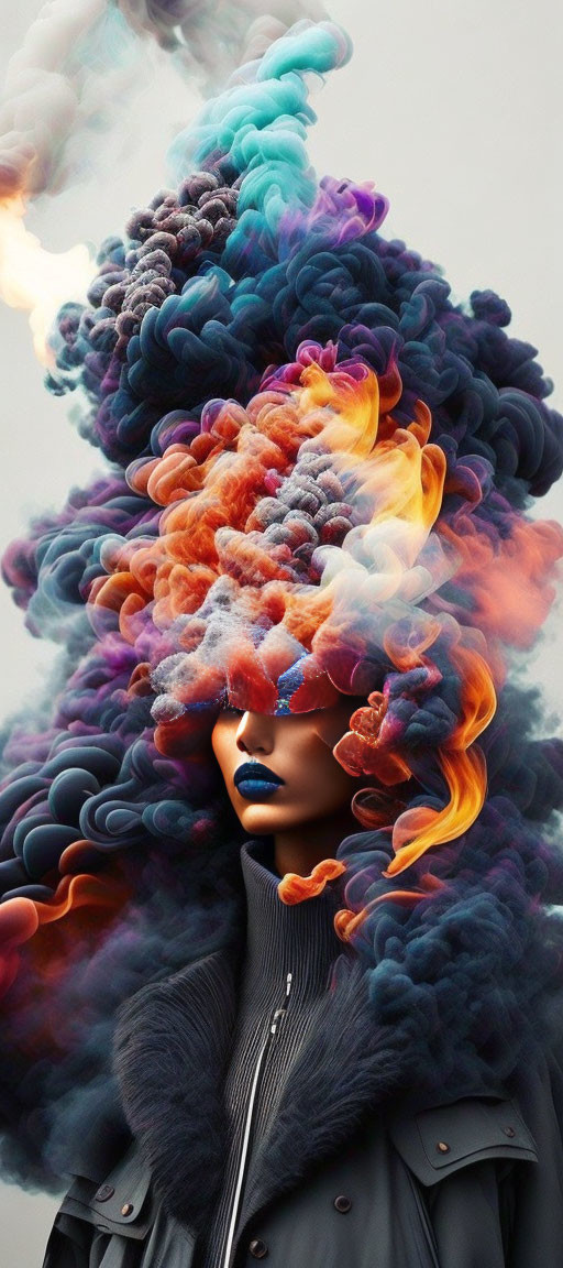 Colorful Smoke Rising from Person's Head Against Neutral Background