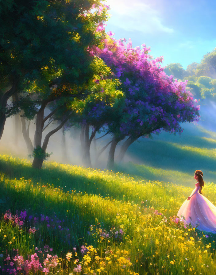 Woman in flowing dress in sunlit meadow with vibrant flowers and mist