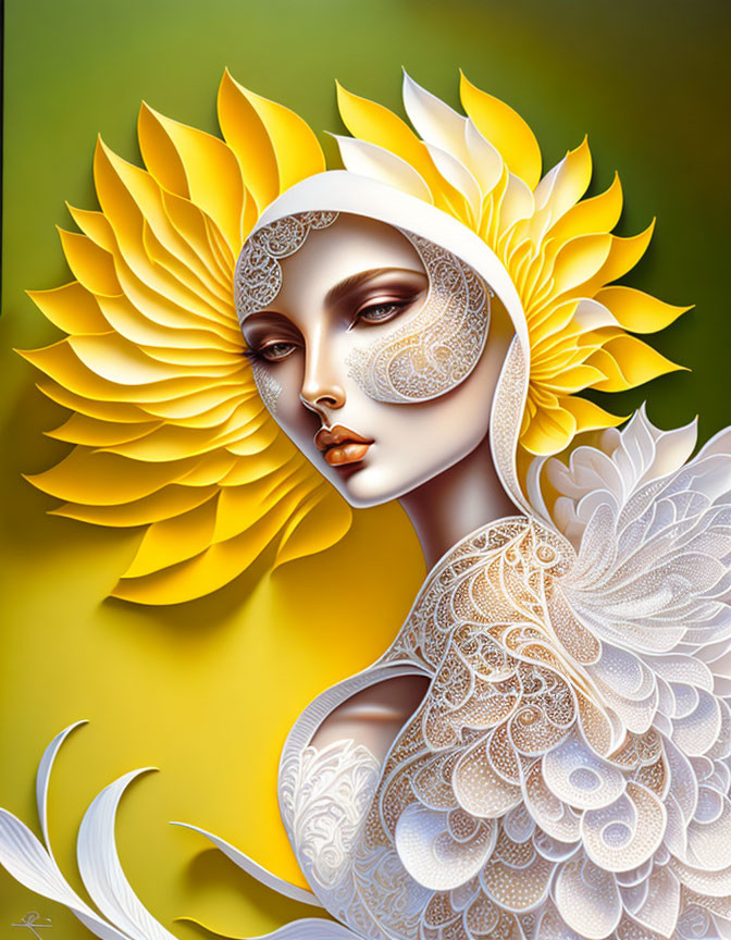 Illustrated portrait of woman with sunflower headwear and feathered wings on green background