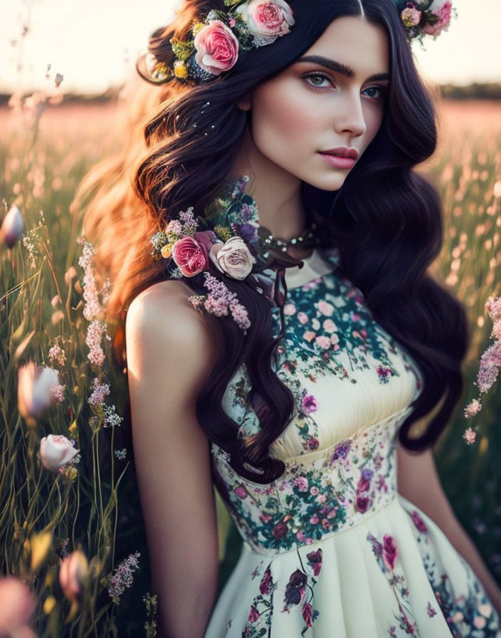 Woman with Long Curly Hair in Floral Crown Surrounded by Wildflowers