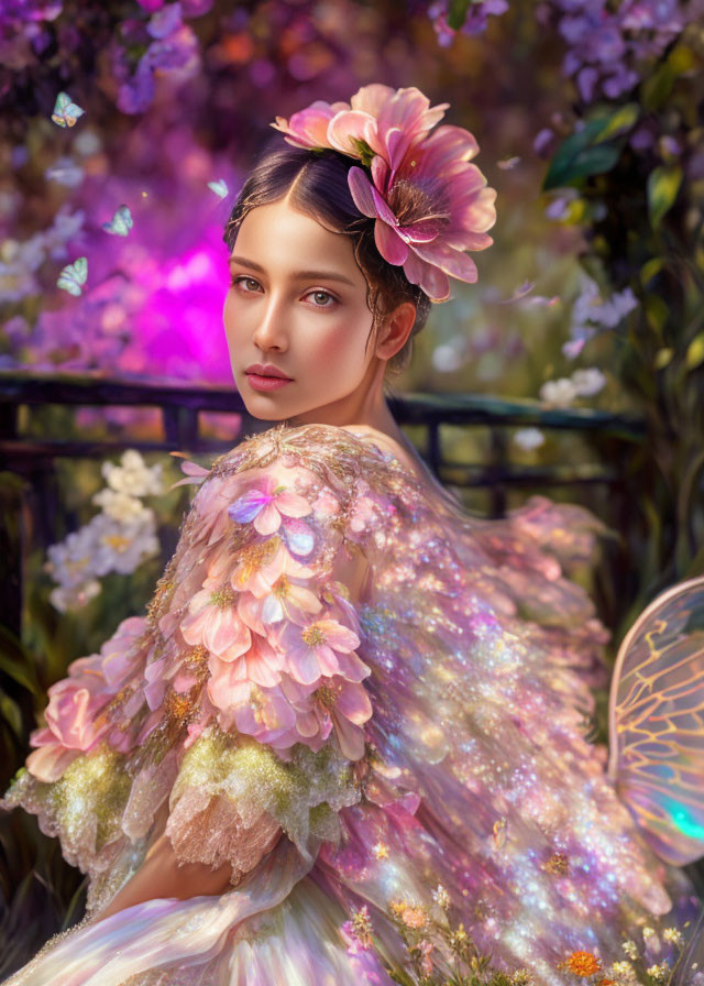 Woman in floral dress with iridescent wings among butterflies and greenery.