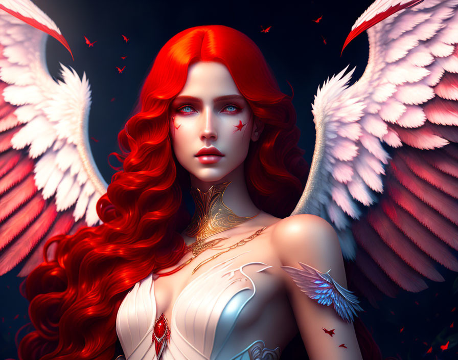 Digital Artwork: Woman with Red Hair, White Wings, Stars, and Neck Tattoos