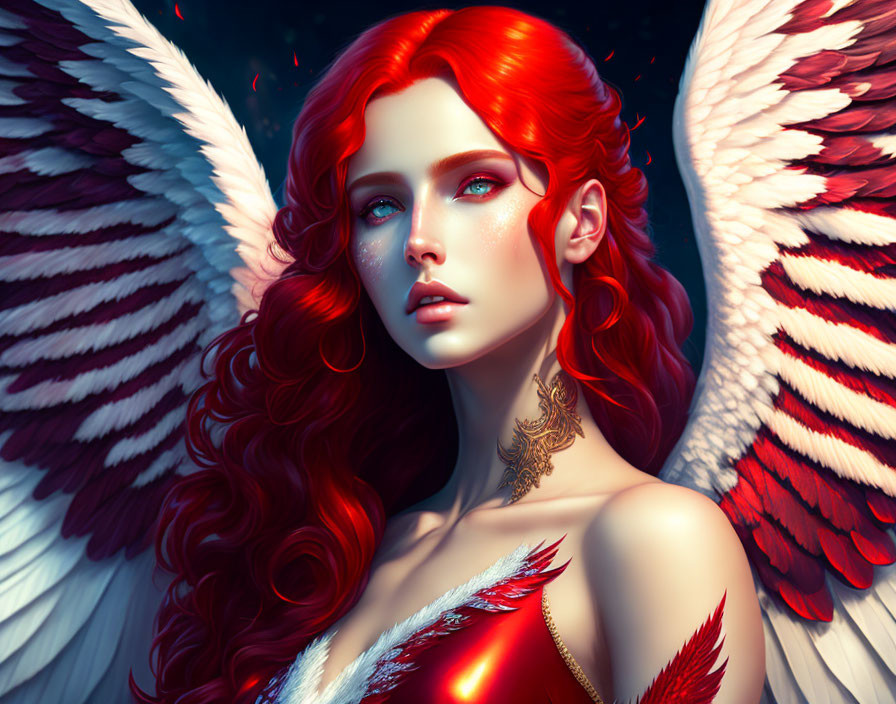 Digital artwork: Woman with red hair, white wings, mystical neck tattoo on dark blue background