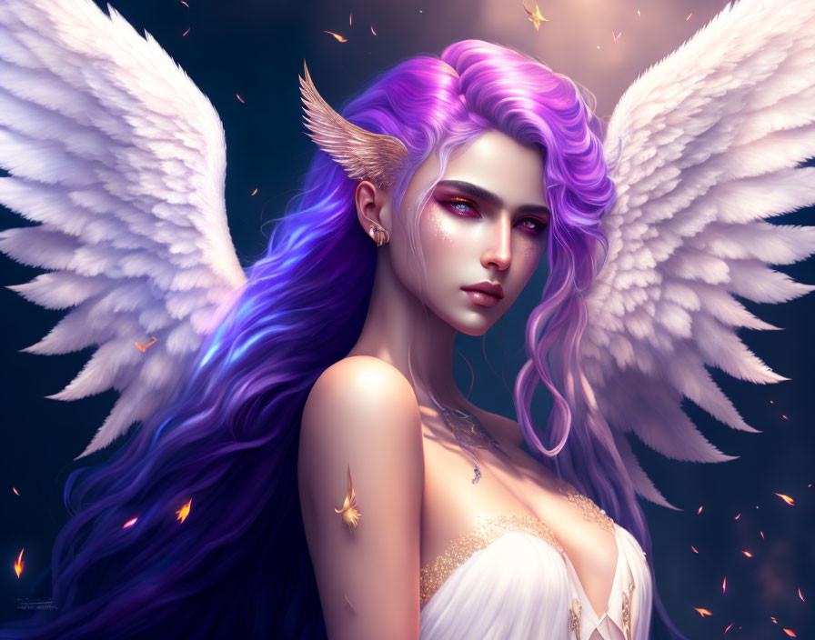 Fantasy digital art of female character with purple hair and angelic wings