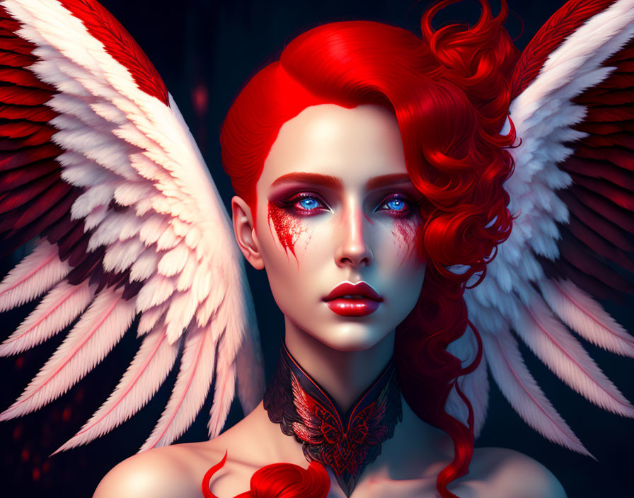 Digital artwork of a woman with red hair and blue eyes, white wings, and fantasy-inspired red makeup