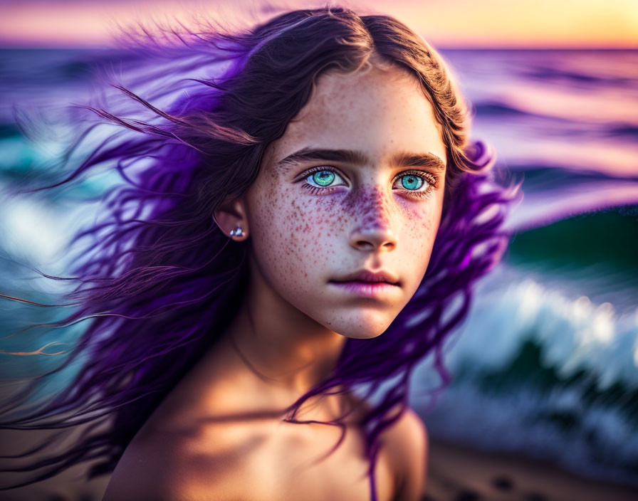 Young girl with blue eyes, freckles, and purple hair at seaside sunset