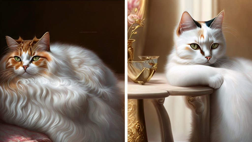 Regal Cats: Orange and White with Intricate Fur Detail and Elegant Indoor Setting